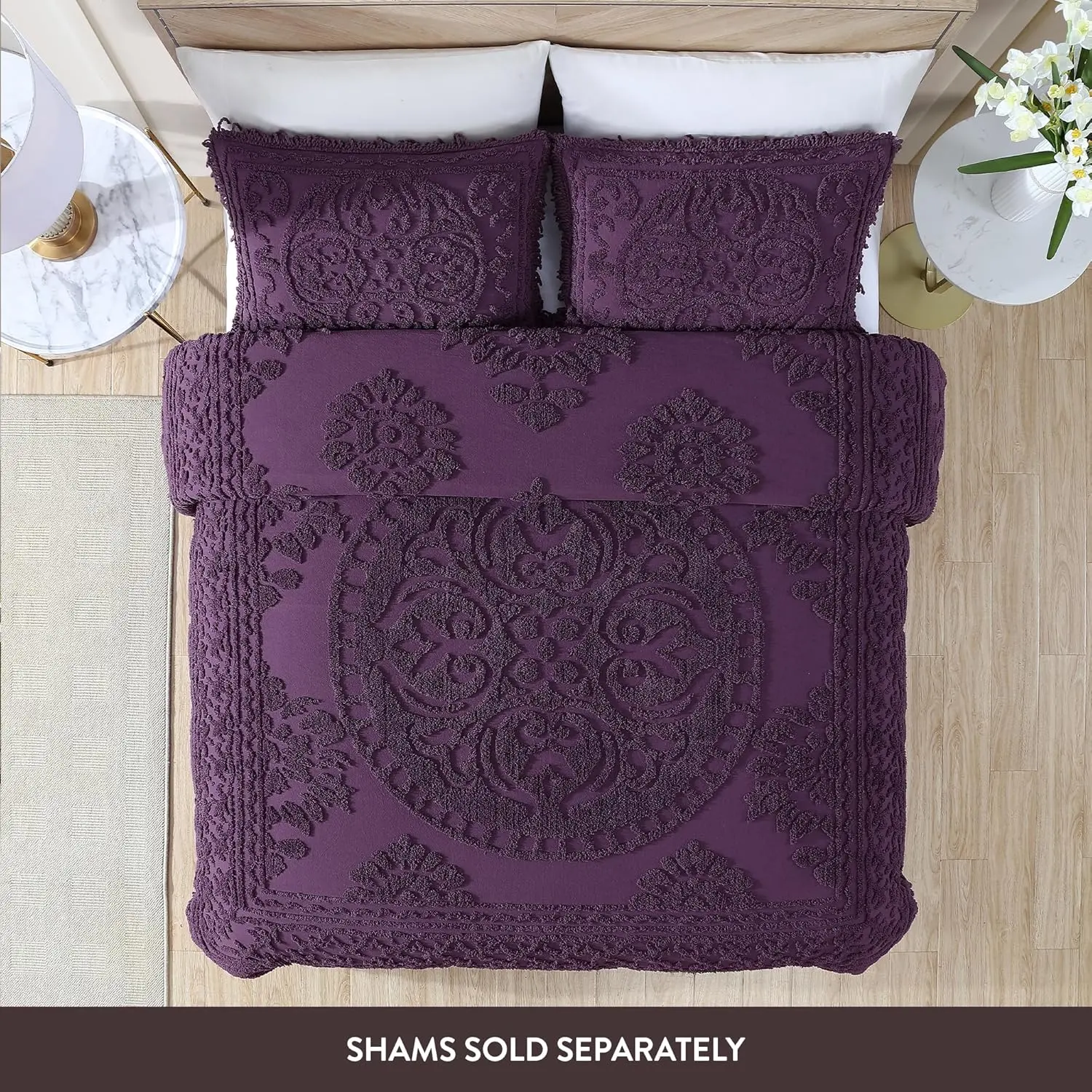 King Size Medallion Print Chenille Bedspread - Eggplant, Classic Vintage Charm, Bottom Bell Corners, Tufted Texture, Fringed Hem, Durable Bedding Coverlet for Bedroom Decor & Home Interior