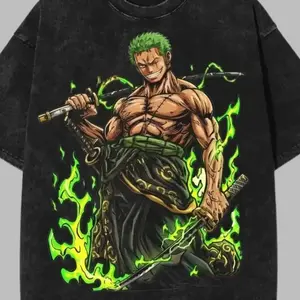 valentine shirts Men's washed street brand urban style T-shirt | Zoro animation character green flame design, daily outing and activity casual wear, front and back printing, retro heavy T-shirt, perfect gift, loose, comfortable and breathable