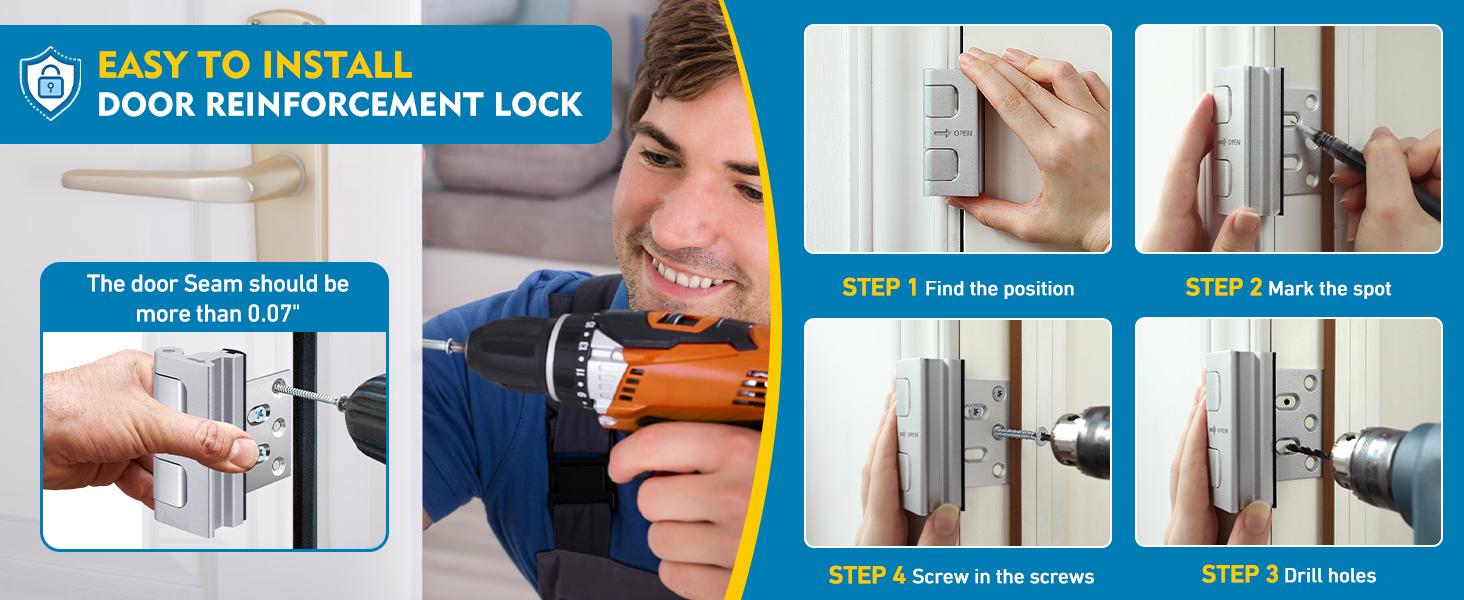 Home Security Door Reinforcement Lock. Childproof Door Reinforcement Lock Upgrade Night Door Security Lock Withstand 800 lbs for Inward Swinging Door