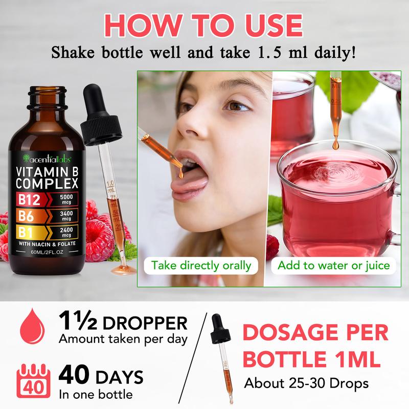 acentiallabs Vitamin B12 Liquid Drops, B12 Sublingual 5000 mcg, Vitamin B Complex with Vitamin B6,B Complex Liquid Drops - 60ml Supplement Dietary Nutrition Healthcare Edible Fitness Optimum