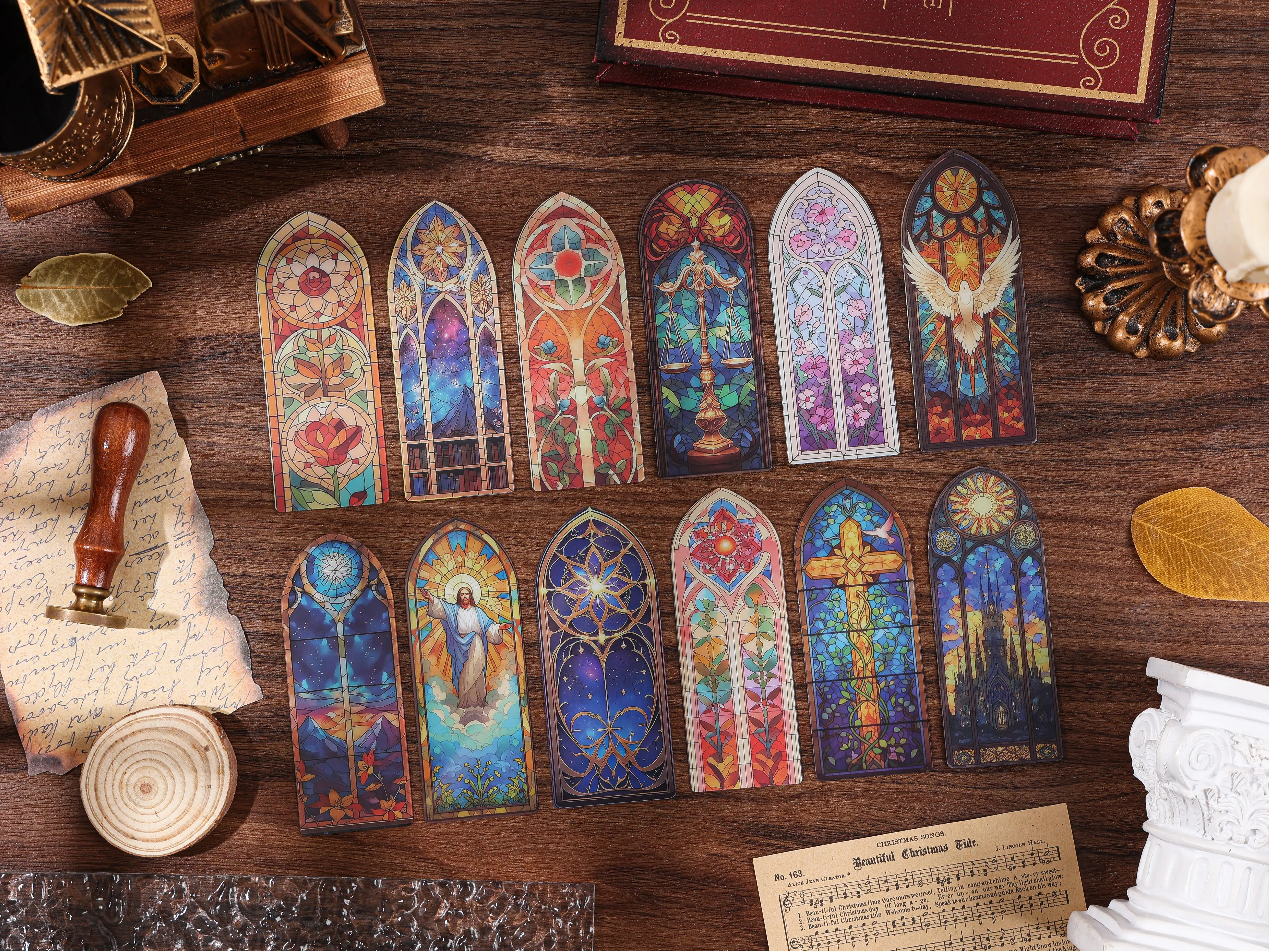 12-Piece Stained Glass Theme PET Collectible Bookmarks Set - Church Windows Artistic Lightweight Office Stationery, Thoughtful Gift for Teenage Readers for Christmas, New Year, Birthday Collectibles, 12 Pieces