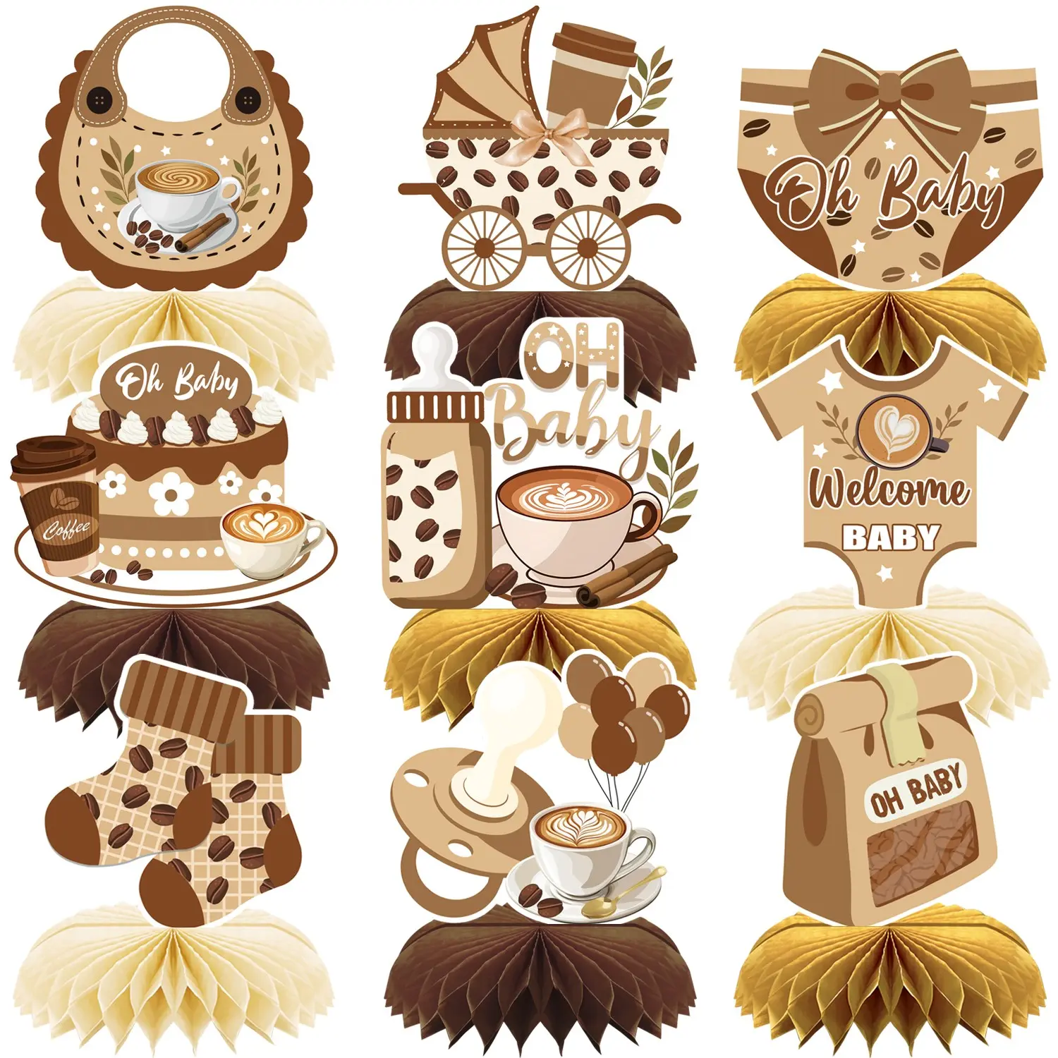 9Pcs Coffee Theme Baby Shower Honeycomb Centerpieces, Gender Reveal Party Decorations, "A Little Brew Is Due" Table Decorations, Brown Coffee Bean Baby Shower Party Supplies, Latte & Mocha Baby Shower Decor