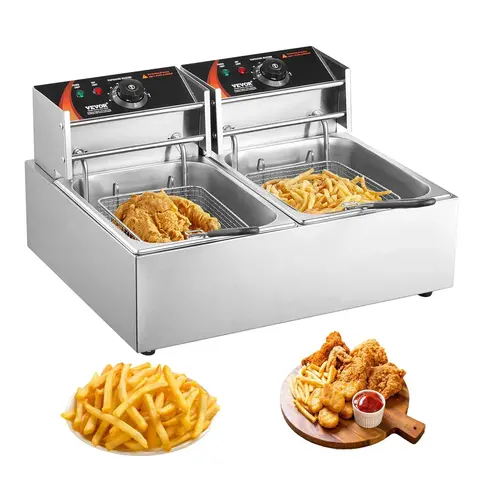 【Summerfinds】VEVOR Commercial Electric Deep Fryer - 24L (10.6 qt) Household Appliances, 3000W Stainless Steel Countertop Fryer with 2 Removable Baskets, Cool-Touch Handle, 230°C Auto Shutoff for Kitchen & Restaurant Use, Silver Home Essential