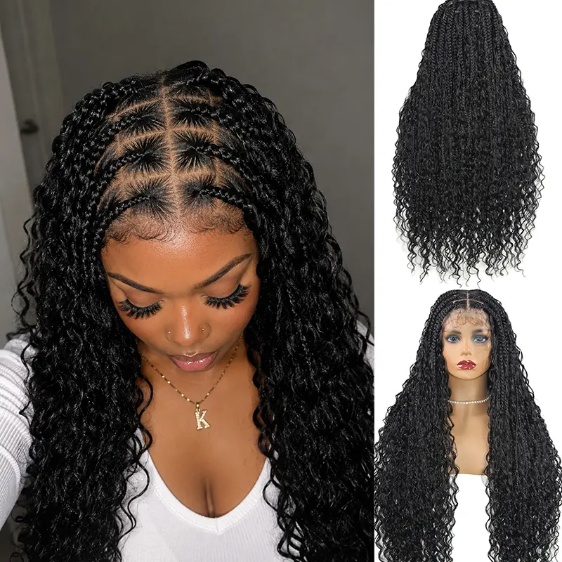 DOSAY 32" Boho Braided Wig Cornrow Knotless Goddess Box Braids Wig Curly Boho Braided Wig  African  Full Lace Synthetic wig for Women
