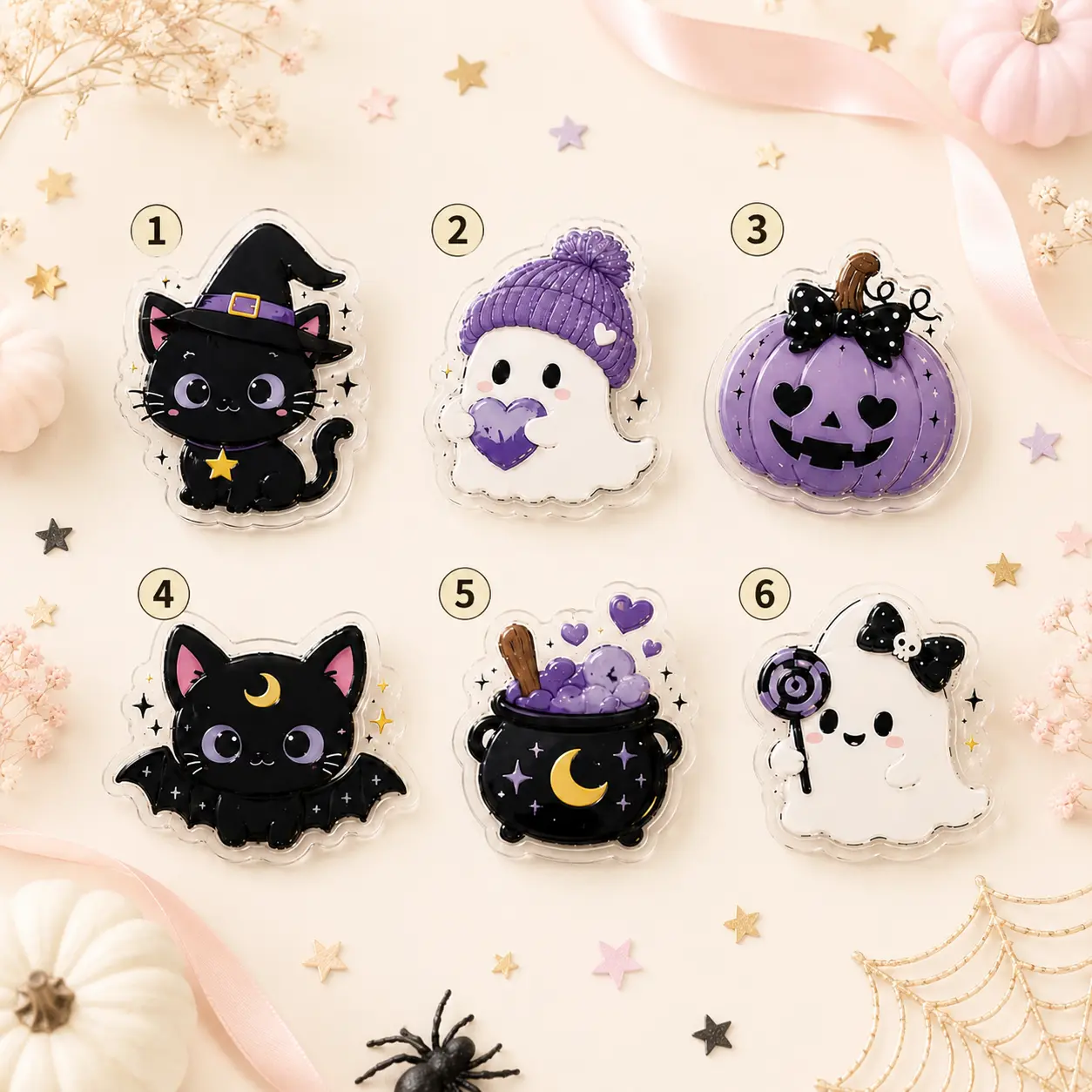 Cute witch hat black cat phone grip, pastel spooky aesthetic acrylic griptok collapsible stand