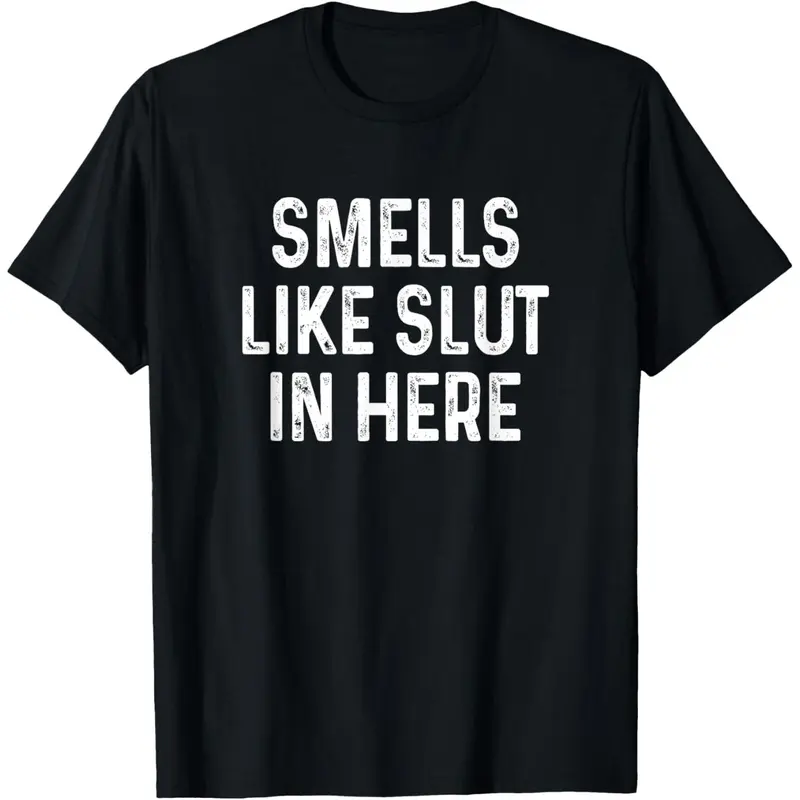 Men's 180g Cotton Regular Fit Round Neck Short-Sleeve T-Shirt - Menswear, Adults' Moisture-Absorb Breathable Casual Streetwear Top, Machine-Washable Offensive Humor Sarcastic Graphic Tee with "Smells Like Slut In Here" Design, All-Seasons Gift