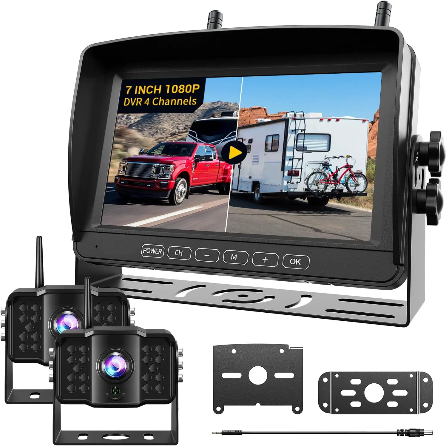 2 Wireless Backup Camera with 7" 1080p Monitor, RV Backup Camera for Furrion Pre-Wired, Recording 4-Channel Split Screen, IR Night Vision, IP69 Wide Angle, Back up Camera Systems for Truck Trailer