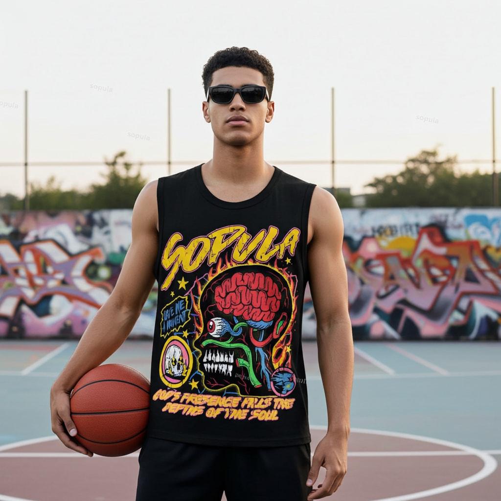 Sopula Studio Men's Graffiti Skull Pattern Cotton Sleeveless Sports Shirt Black SpringStatements