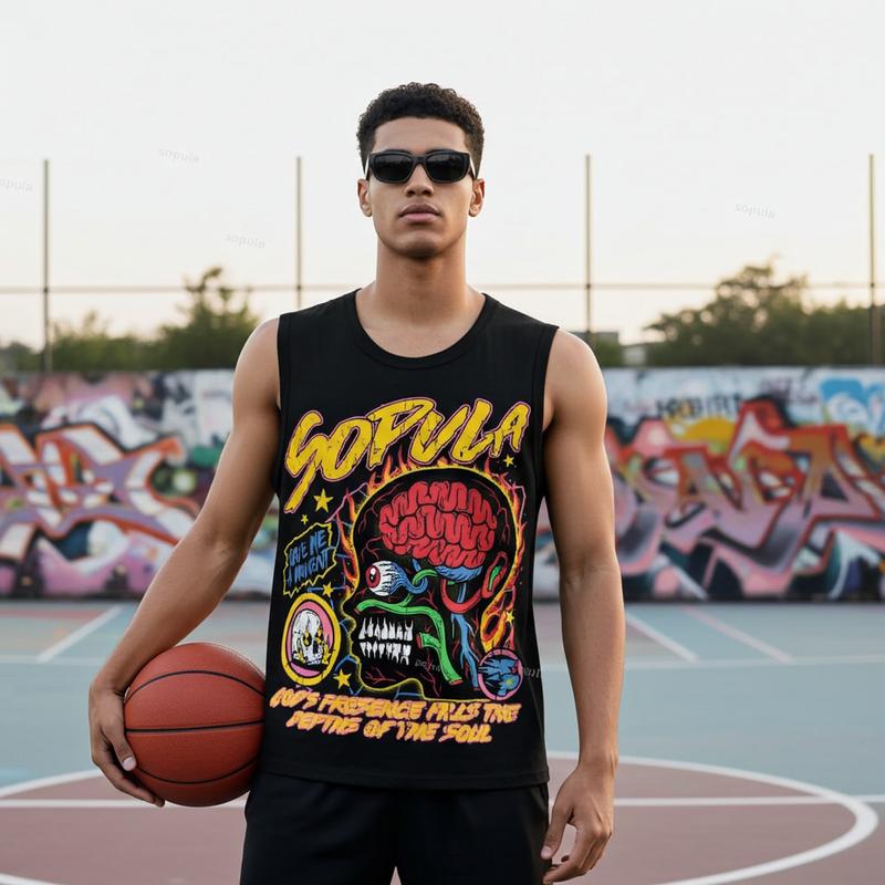 Sopula Studio Men's Graffiti Skull Pattern Cotton Sleeveless Sports Shirt Black