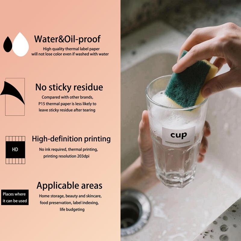 Portable thermal paper, self-adhesive, suitable for use in schools, offices, and homes. Can be used to print clothing labels, spice jar labels, name tags, with a waterproof, oil-resistant, and durable design.