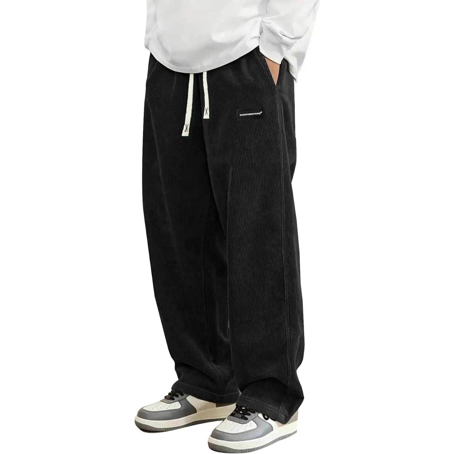 Men's Corduroy Casual Joggers, Loose-Fit Wide-Leg Straight Pants with Elastic Waist Drawstring, Polyester Fabric Menswear with Pocket, Ideal for Sports & Outdoor Activities with Sneakers, Soft