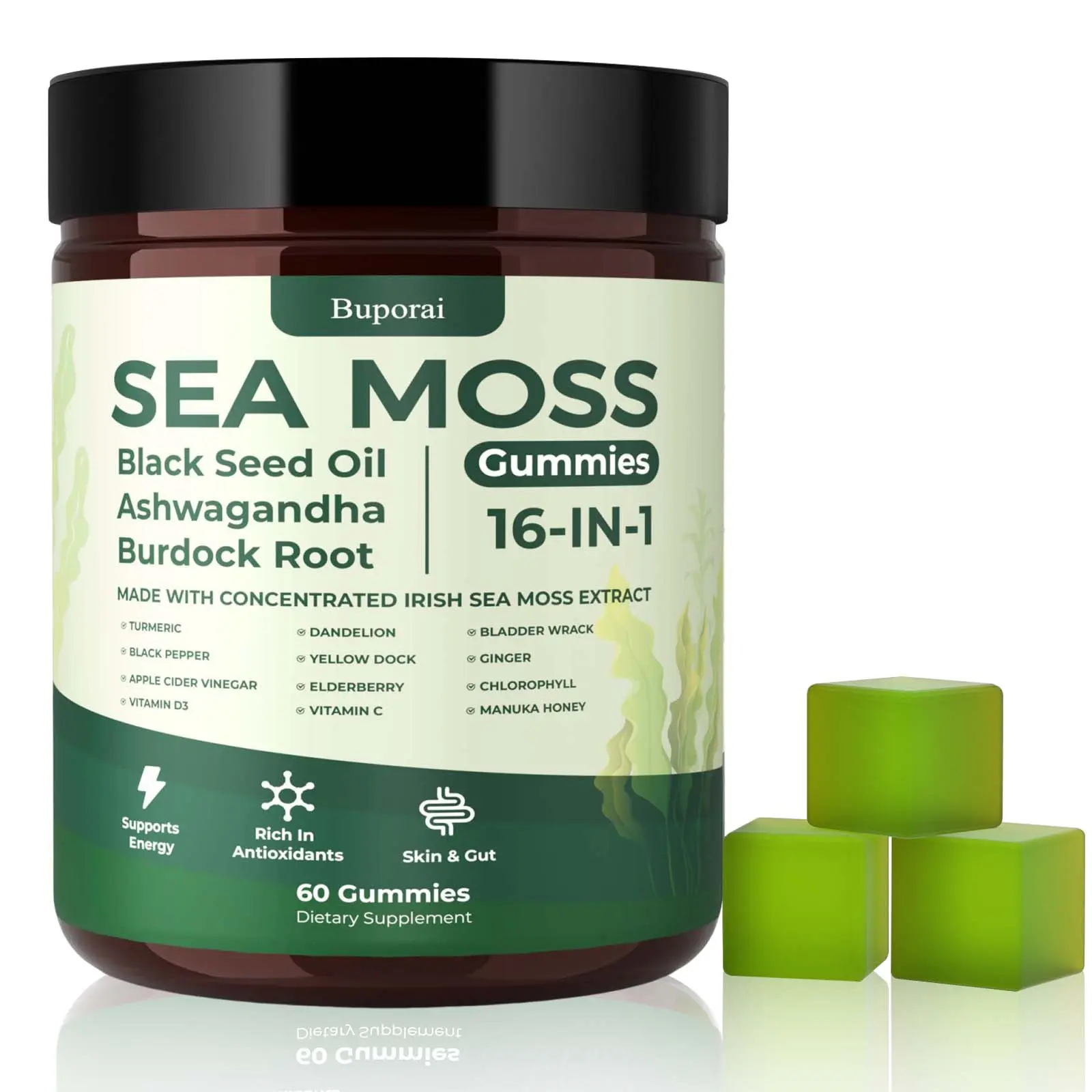 Sea Moss Gummies 16-1, Black Seed Oil Ashwagandha Turmeric Bladder Wrack Vitamin C Vitamin D3 Elderberry Manuka Dandelion Yellow Dock Apple Cider Vinegar for Men & Women