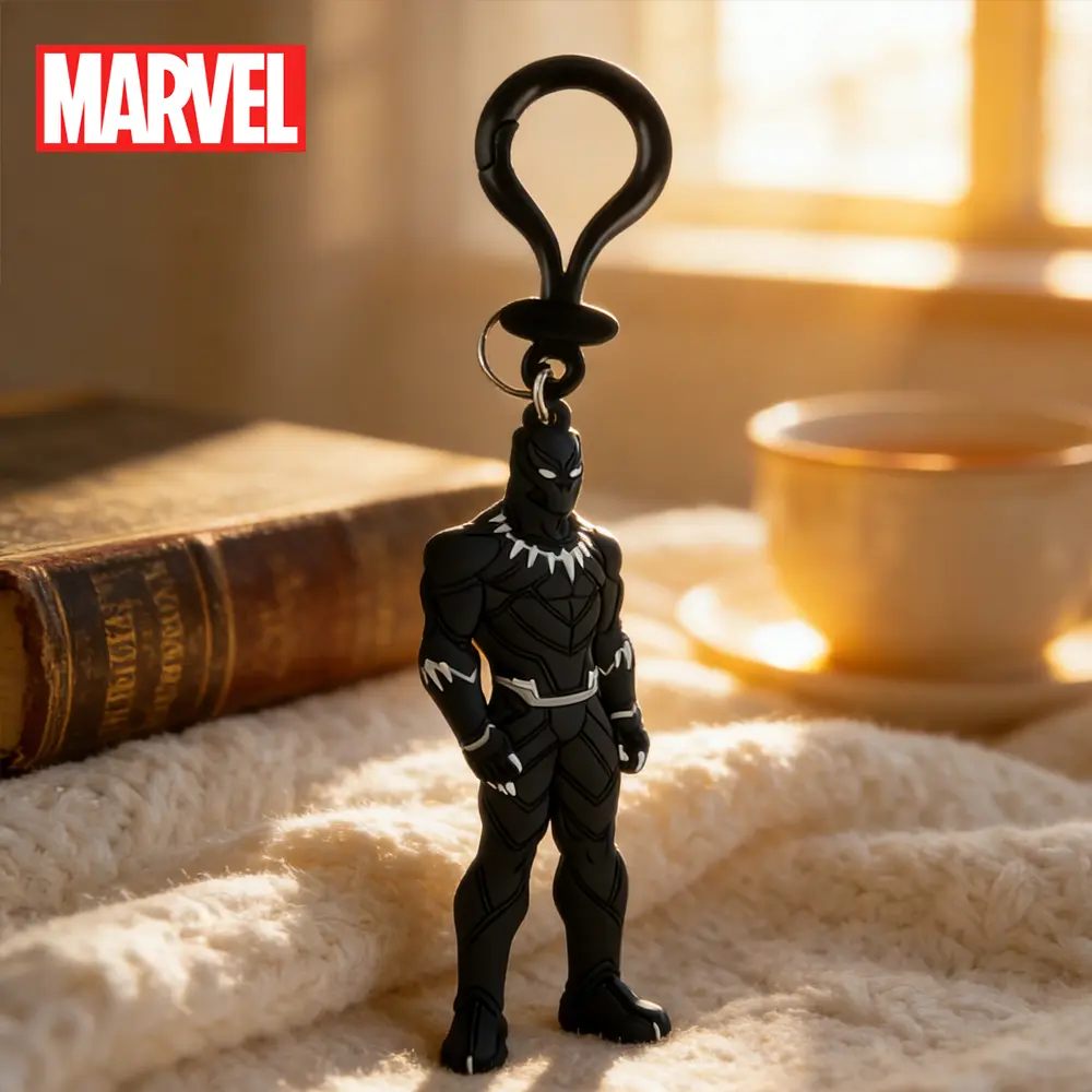 1PC Marvel Official Licensed Black Panther Keychain Figurine Bag Clip Dark Style Charms Super Hero Anime Peripheral Backpack Decoration Car key Pendant Desk Ornament Durable PVC Soft Rubber Gift