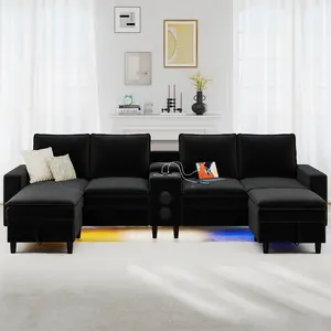 4-Seat Sectional Sofa with Smart Module, Bluetooth Speaker, RGB Lights, Charging Station, U-Shaped Cloud Couch with Storage Ottoman (Black)