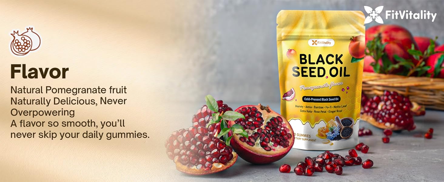 90 Black Seed Oil Gummies | 500mg Cold-Pressed Black Seed Oil, Amla, Bamboo, Fo-Ti, Nettle Leaf, Gotu Kola Extract | Vegan, Non-GMO Gummies | Hair, Skin & Nail Nourishment | Pomegranate Flavor