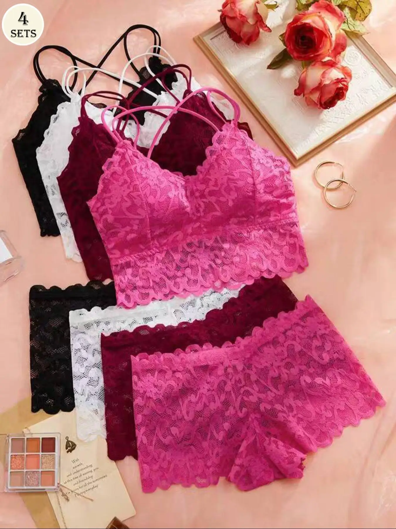 Women's Contrast Lace Backless Wireless Bra Bralette & Panty Underwear Set, Sexy Comfy Breathable Fitted Pink Glamour Two Piece Lingerie Set for Daily Wear, Underwear Set for Women