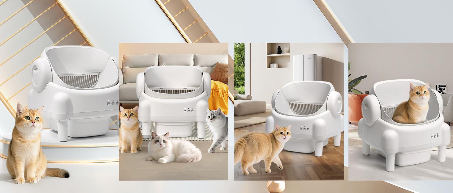 TAYACICY Smart Self Cleaning Litter Box Open Top Automatic with App Control for Multiple Cats Safety Sensors Odor Control Includes 2 Roll Liners Large Waste Bin Cream White