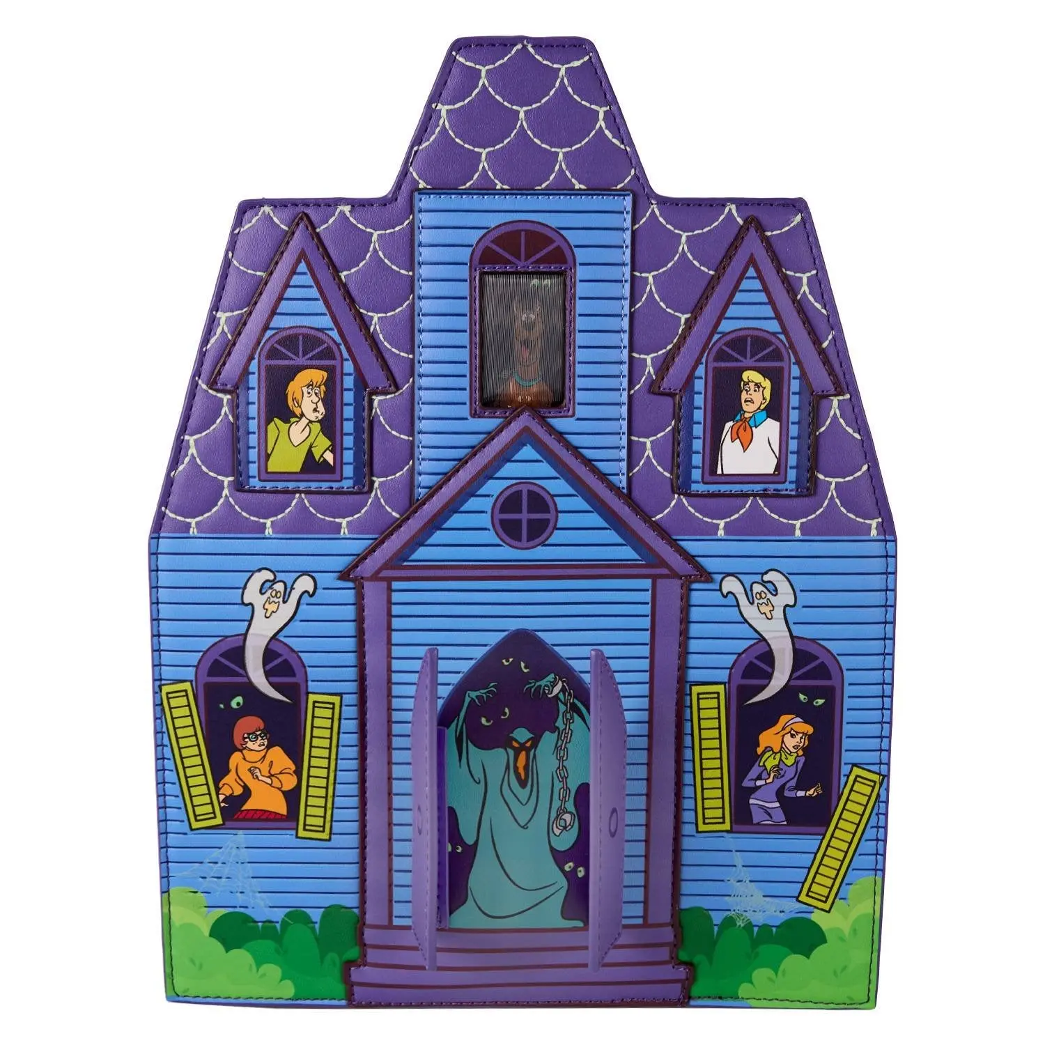 Loungefly Warner Bros. Scooby-Doo Haunted Mansion Shaped Faux Leather Mini Backpack with Lenticular Details, Glow-in-the-Dark Details, Functional Bag