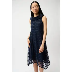 Joseph Ribkoff Dot Embroidered Cowl Neck Dress in Navy