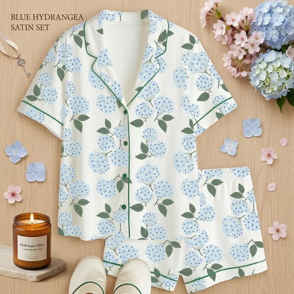 Hydrangea Pajamas Set, Blue Floral Pajama, Matching Bridesmaid Pjs, Short Sleeve Button Down Loungewear, Coastal Grandmother Sleepwear, Garden Bridal Party Nightwear, Grandmillennial Wedding Shower Shorts Set Outfits for Women Lounge Gift
