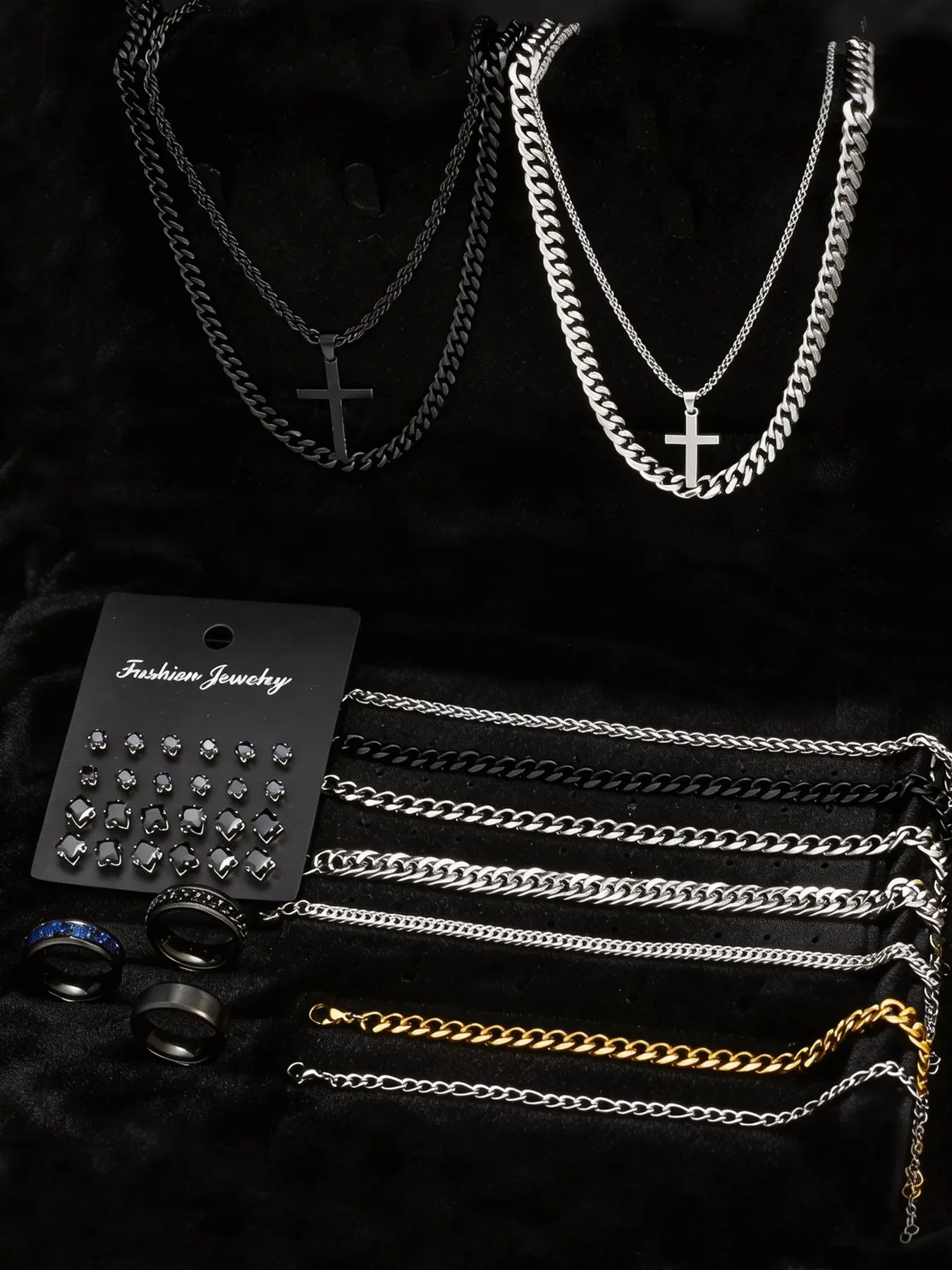 38-Piece Stainless Steel Jewelry Set, Men's Accessories, Zircon Earrings, Cross Necklace, Cross Pendant Necklace, Bracelet, Couple Jewelry, Daily Wear, Necklaces Earrings Set, Gift, Necklace And Earring Set