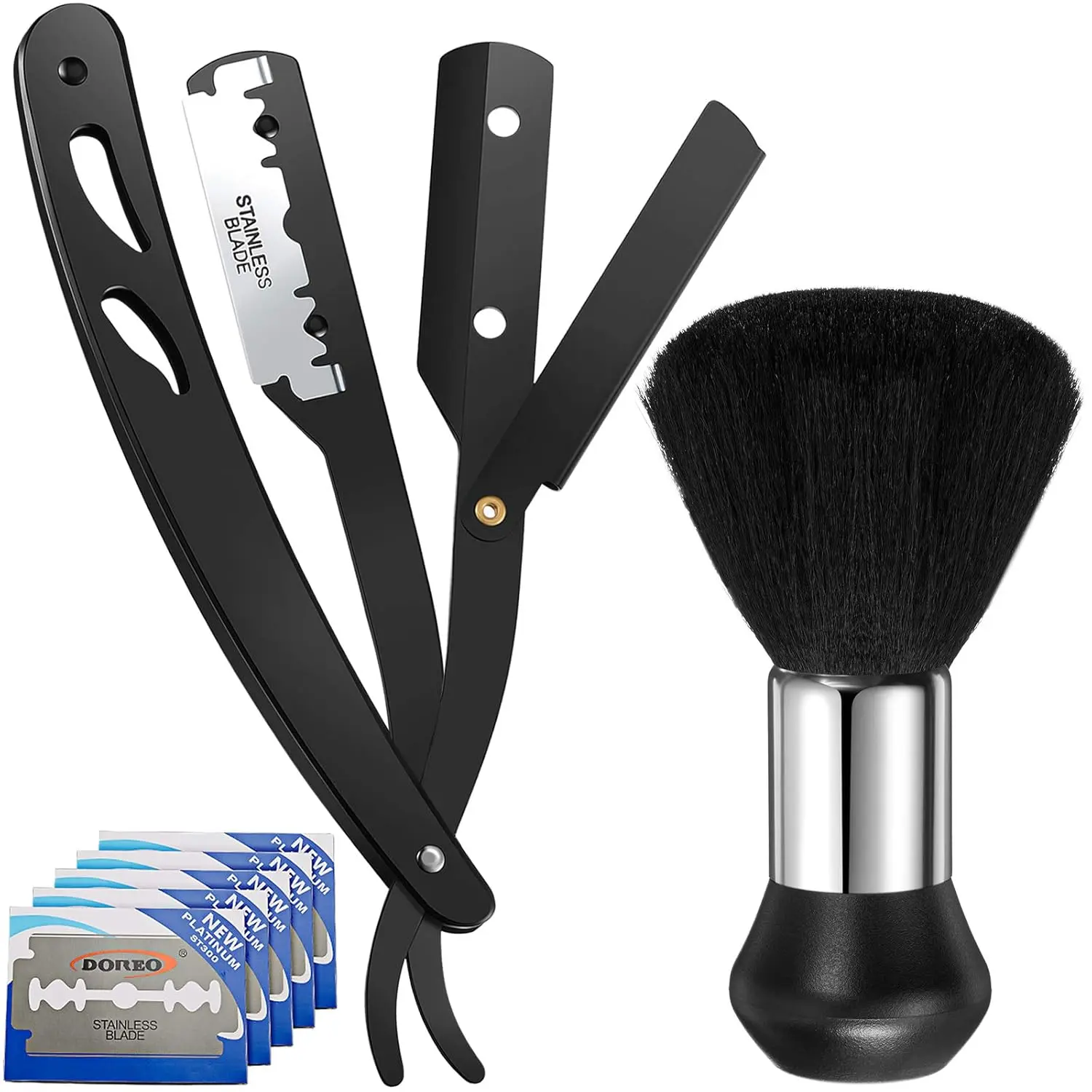 Professional Straight Razors Men Navajas Para Barbero Barber Straight Razor Kit with Neck Duster Brush and 10 Pieces Double Edge Blades for Hair Salons, Gifts
