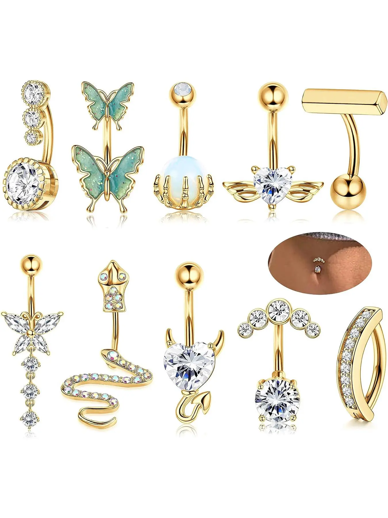 Women's Spring Rhinestone Butterfly & Snake Shape Belly Ring As Gift, Body Piercing Body Jewelry Set, Navel Piercing Jewelry, Maximalist Jewelry, Classic Belly Button Rings Accessories for Daily Wear Back To School, Body Jewellery