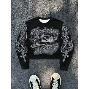 American Street Style Angel Print Fitted Round Neck Long Sleeve Sweatshirt, Trendy Casual Short New Fashion for Fall & Winter