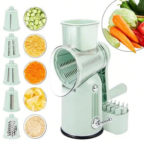 5-in-1 Stainless Steel Manual Cheese Grater & Veggie Chopper - Hand Crank, Strong Suction Base, Blade Storage Box, Replaceable Blades, Large Feed Port, Fruit Vegetable Slicer, Handles Cheese Nuts Fruits Veggies, Rinse-Only Clean Kitchen Utensil