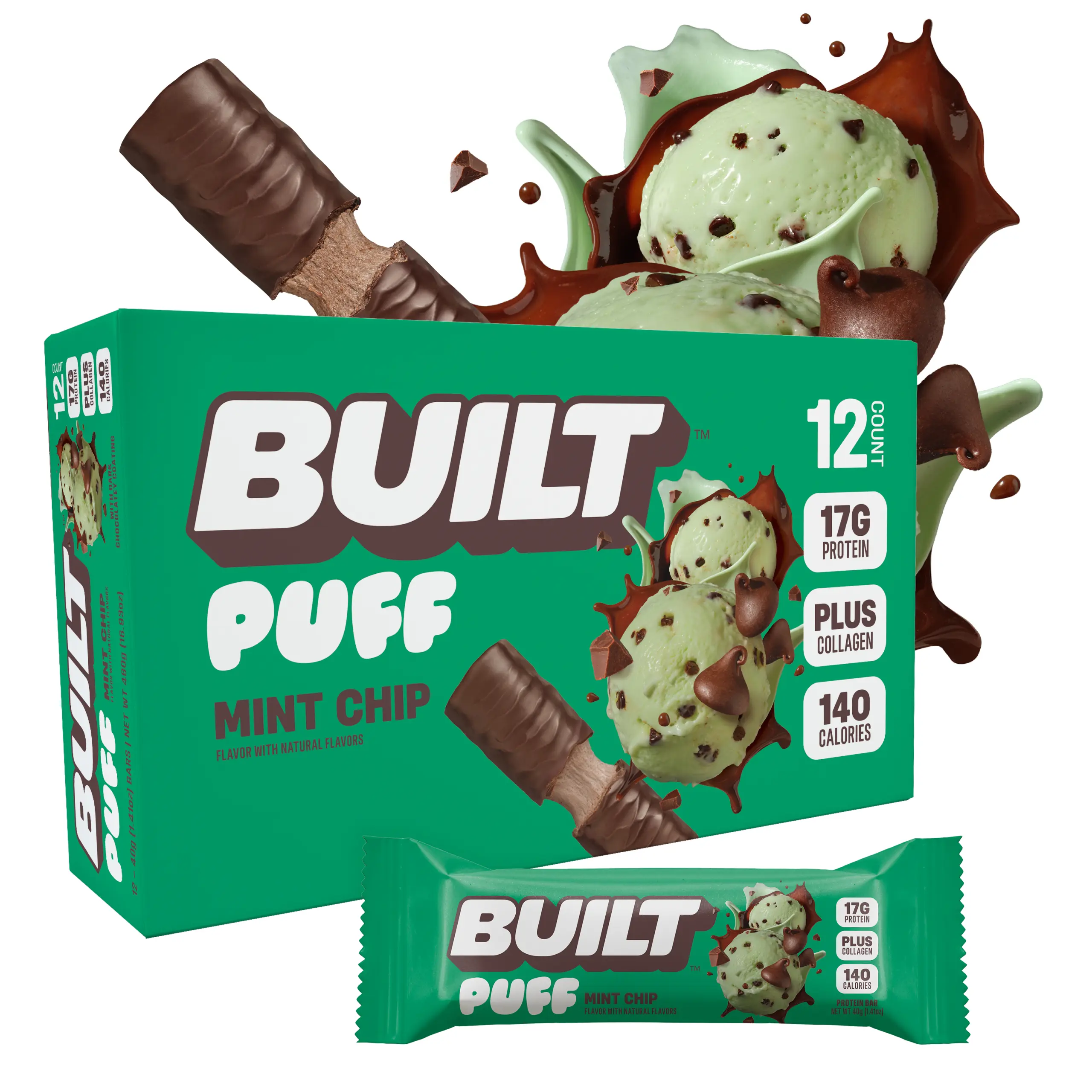 Official BUILT Bar, Puff Protein Bar Snacks, Mint Chip Puff, 17g Protein, 140 Calories, Collagen, Gluten Free