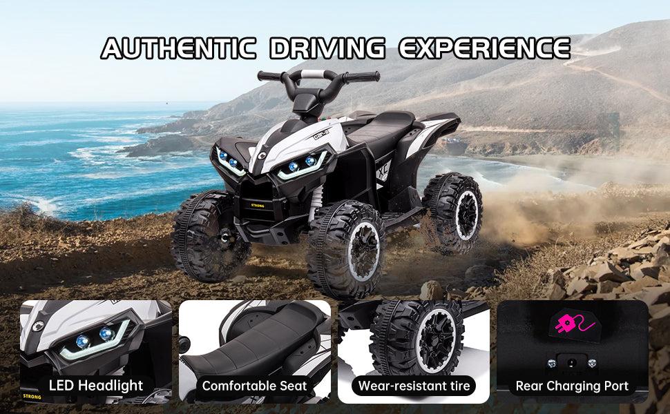 【GARVEE】12V Quad ATV 4 Wheeler with Music and LED Lights, available in White, Red, Pink, Yellow, Black, and Blue, designed for young riders with fun features and vibrant color options
