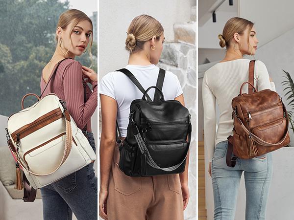 [Valentine's Day Gift] BOSTANTEN Backpack for Women Leather Womens Backpack Purse 2PCS Laptop Backpack Large Ladies Shoulder Bags with Wristlet