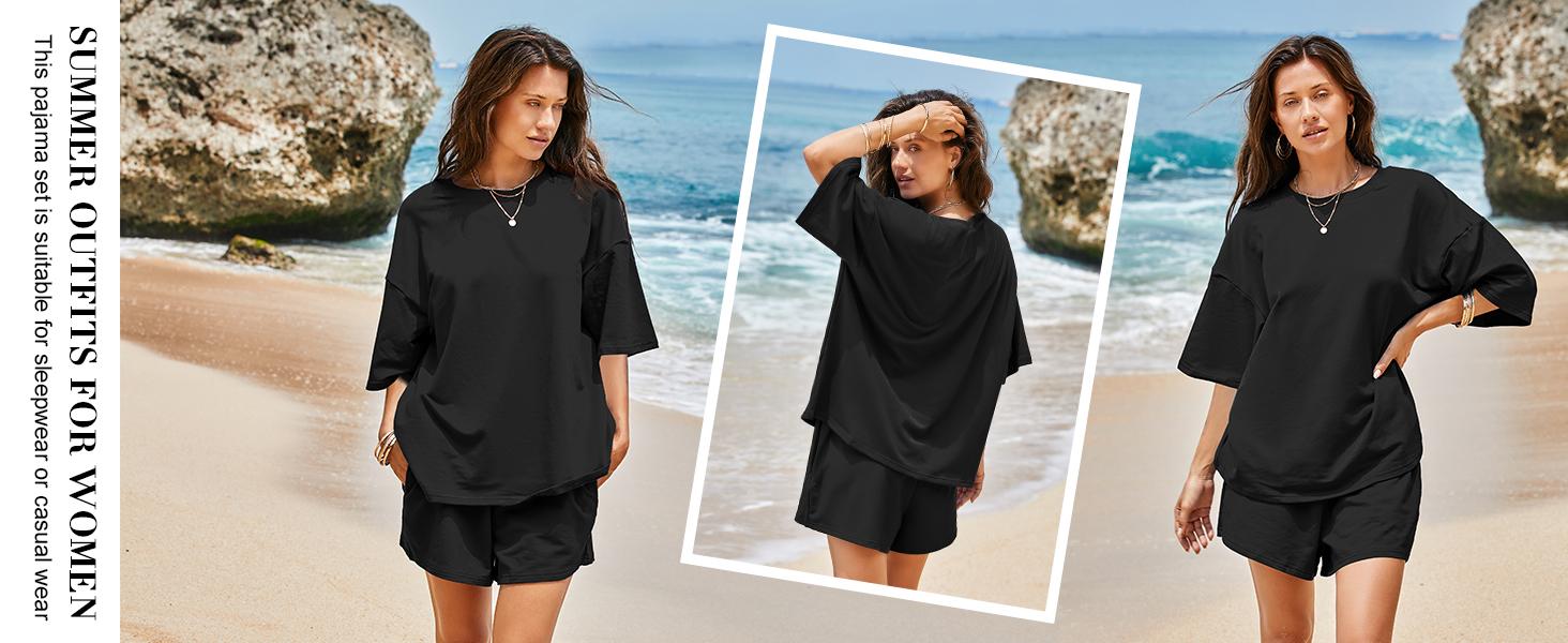 Tankaneo Womens Pajama Sets 3/4 Sleeve Oversized Tops and Elastic Waist Shorts Lounge Sets Loungewear