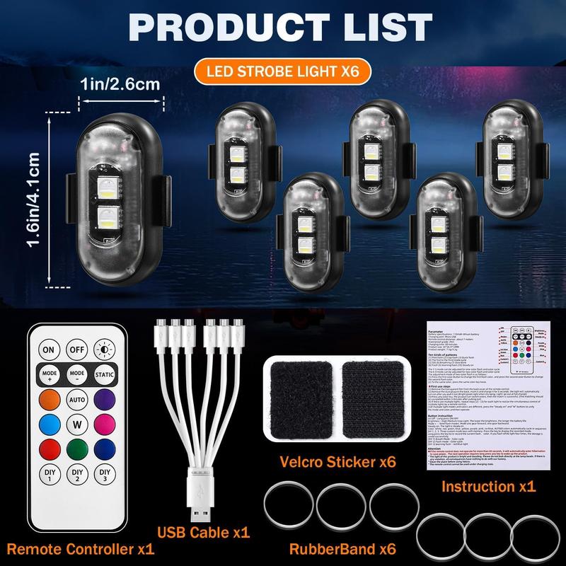 6PCS Wireless LED Lights for Car with Remote Control, Wireless LED Strobe Lights 8 Colors USB Charing IP65 Waterproof Anti-Collision Warning Light for Car Interior Truck Motorcycle Drone Aircraft Bike 6PCS Wireless LED Lights for Car with Remote Control, Wireless LED Strobe Lights 8 Colors USB Charing IP65 Waterproof Anti-Collision Warning Light for Car Interior Truck Motorcycle Drone Aircraft Bike