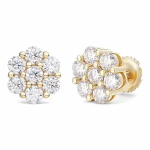 Cluster Flower Set Earrings Real 14k Gold Over 925 Silver 6-12mm Iced CZ Stones