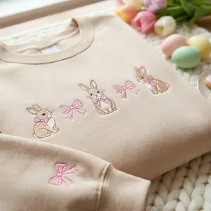 [Made in US] Embroidered Easter Bunny Sweatshirt T-shirt Hoodie, Happy Easter Day Shirt, Rabbit Coquette Bow Crewneck, Easter Gift