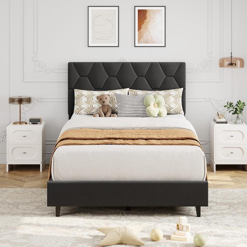 Grey Twin Bed Frame with Upholstered Headboard,Upholstered Bed Frame,Heavy-Duty Platform Bed Frame with Adjustable Headboard,Strong Wood Slat Support