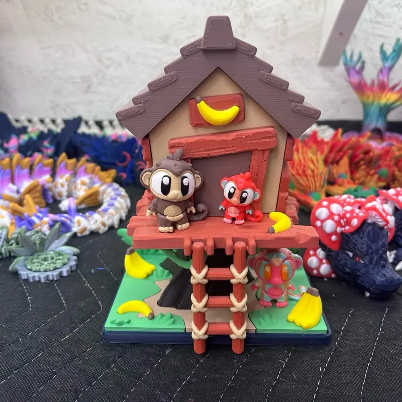 3D Printed Monkey Jungle Treehouse Platform - Lightweight Plastic, Colorful Standing Tropical, Decorative Playful Monkey Figures, Desk Decor Home Statue Gift