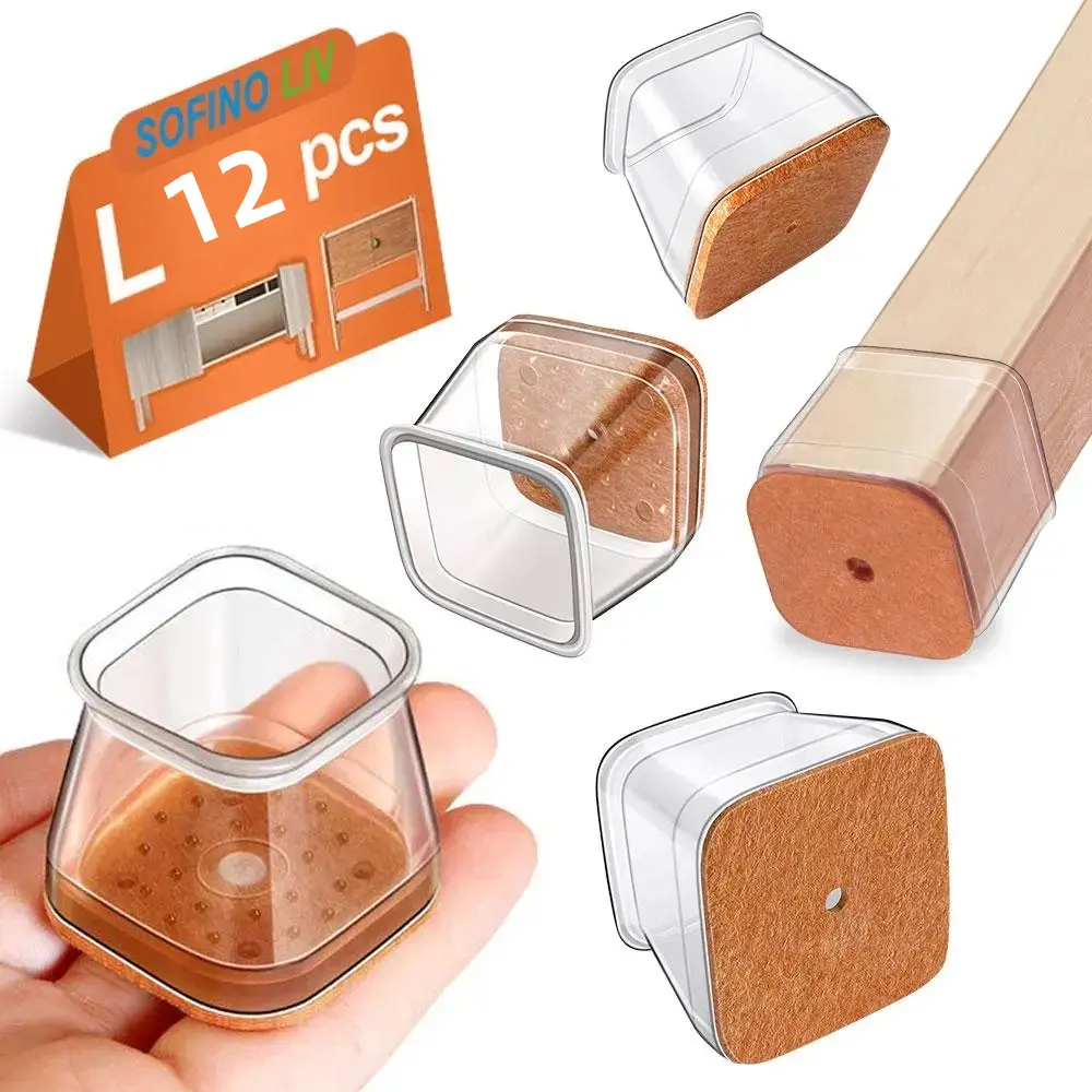 12pcs Elastic Silicone UV Square Chair Leg Protectors with Integrated Felt Pad, 0.98-1.42in Furniture Pads, No Nails No Glue, Stylish, Strong Elasticity, Noise Reduction, Smooth Glide, for Hardwood Floors (Fits All Chair Shapes), 0.98-1.42 Inch
