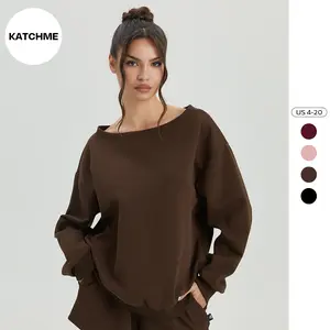 KatchMe Women's Casual Solid Color Sloping Shoulder Long Sleeve Top, Versatile Loose Scopp Neck Sweatshirt, Comfort Basic Going Out Outfit