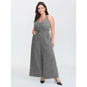 【Summer Turn-Up】BlOOMCHIC Plus Size Tweed Backless Halter Neck Stretchy Waist Jumpsuit [M-6X] 2026 Summer Pick for Mother's Day