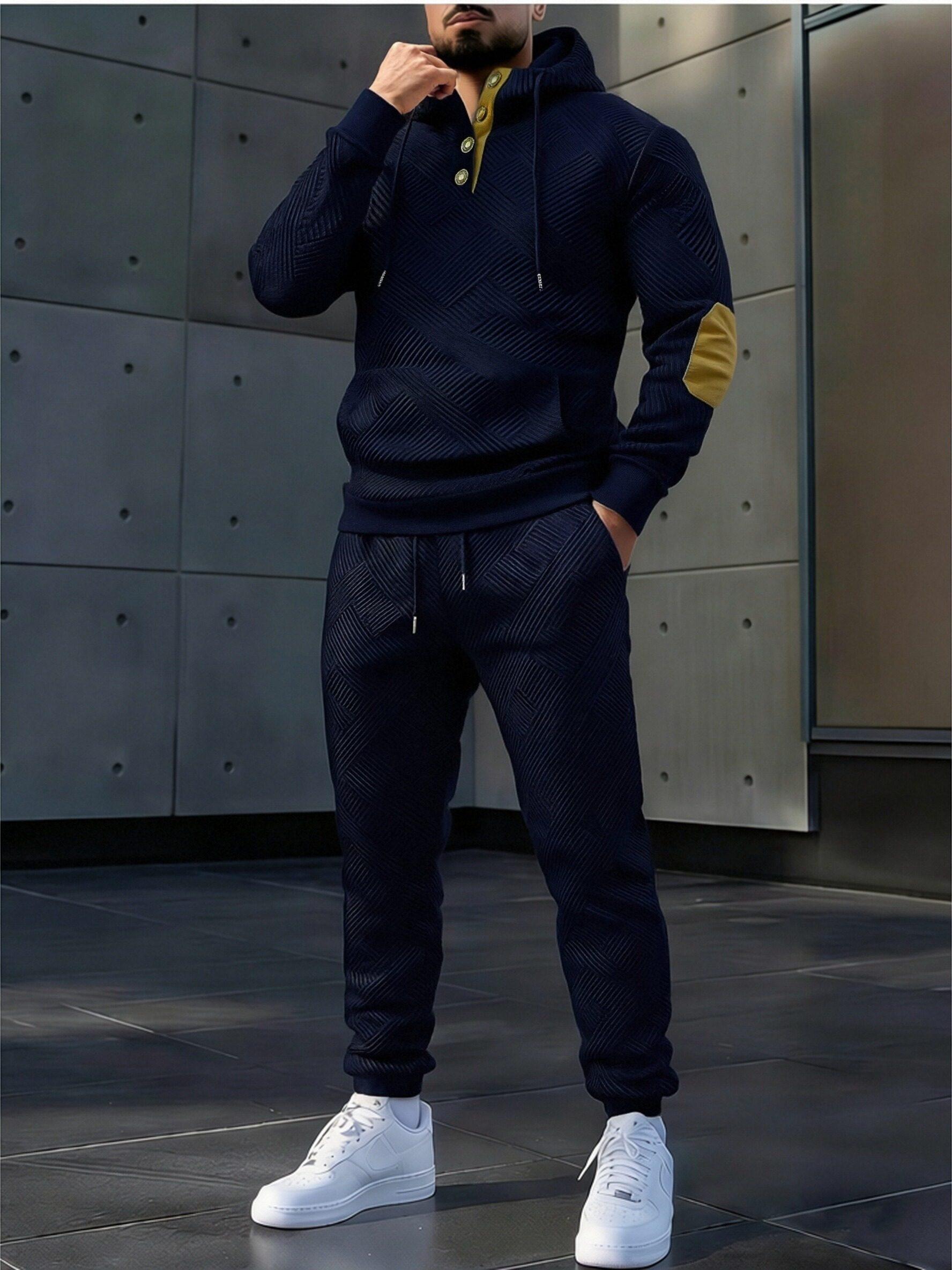Men's casual fashion suit knitted jacquard sweatshirt and pants two-piece set