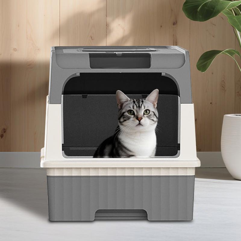 An extra-large, fully enclosed cat litter box featuring a pull-out drawer for easy cleaning, built-in UV light sterilization, and a design that effectively contains litter scatter.