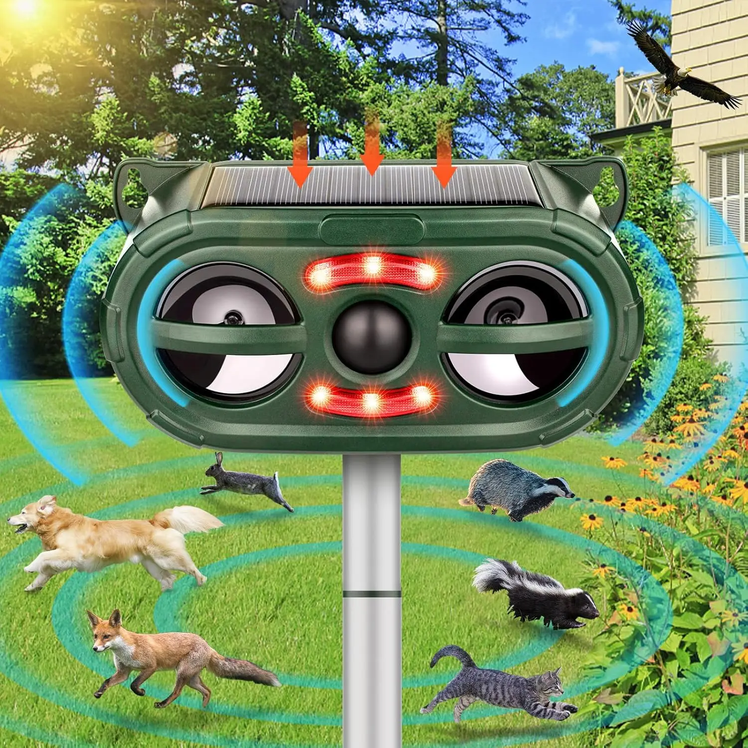 Solar Ultrasonic Animal Repeller with Motion Sensor & Flashing Light Outdoor Pest Deterrent for Squirrels Cats Deer Raccoons IP44 Waterproof Five Modes USB Charge