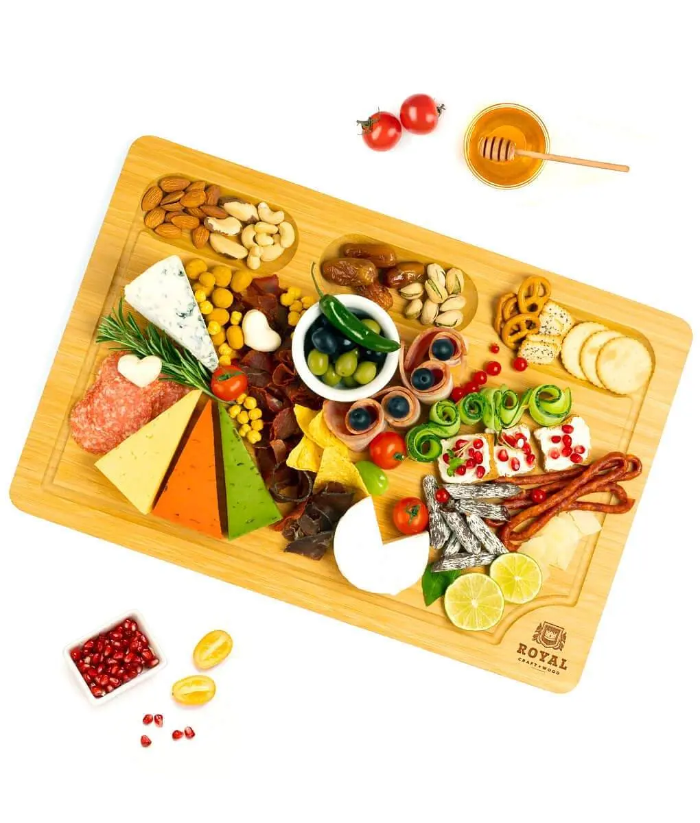 Royal Craft Wood Cheese Board Tray & Charcuterie board (18 x 12") - Meat & Cheese Tray, Wooden Serving Board with 3 Compartments, Juice Groove Edges