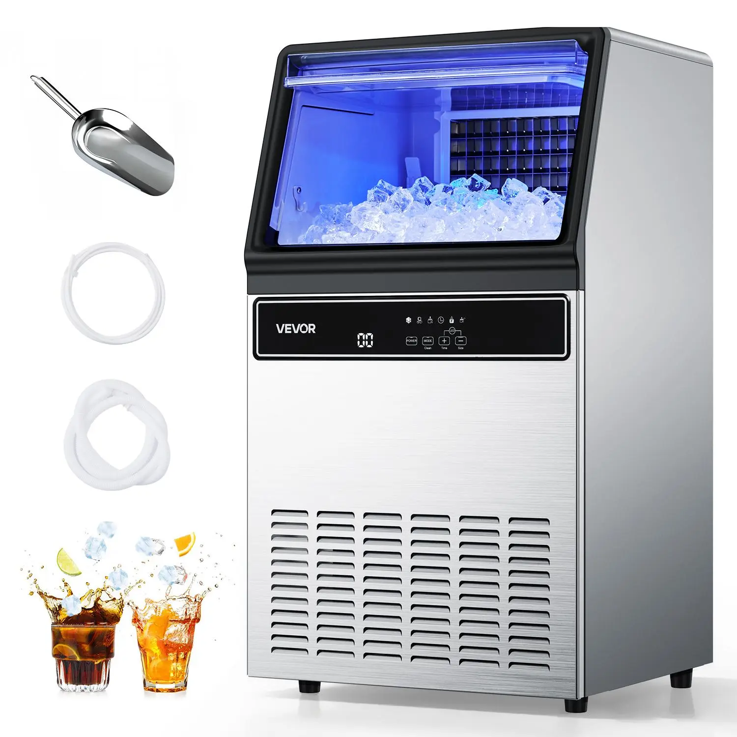 【Summerfinds】VEVOR Commercial Icemaker, Automatic 130 lbs/24H Efficient Ice Making Machine with 33 lbs Storage, 45 Cubes per Cycle, Stainless Steel Freestanding-Under Counter Design, LED Display, Self-Cleaning, Quiet & Insulation for Home Bar Restaurant,