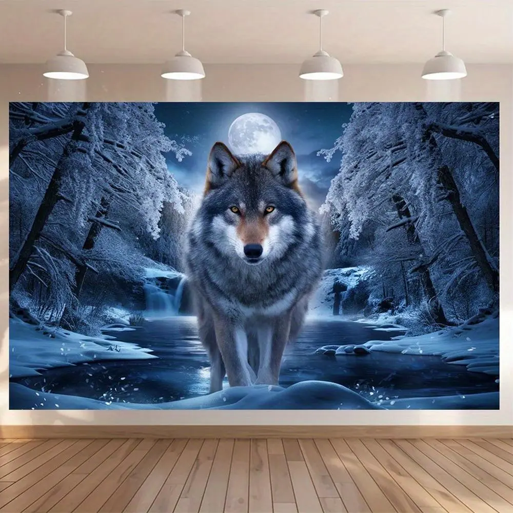 1PC,2D Flat Cross - border Exclusive Winter Moonlit Night Wolf - themed Tapestry, Snowy Forest Stream Wolf Totem Backdrop, Bedroom And Living Room Decorative Wall Hanging, Dreamy Snow - covered, One-Piece, Photo Booth
