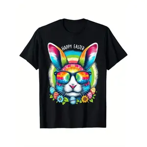 Men's Women's Plus Size Easter Bunny Tie-Dye T-Shirt - 100% Short Sleeve Round Neck Rainbow Rabbit with Glasses & Happy Easter Egg Print