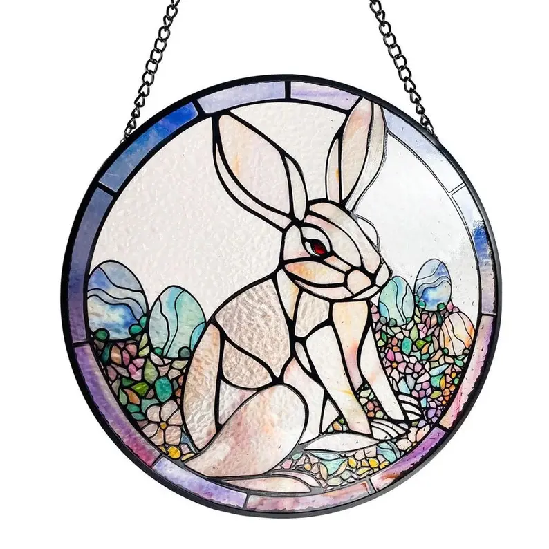 Easter Bunny and Eggs Stained Glass Suncatcher, Spring, Gifts, Wall Art, Window Hanging, Indoor Decor, Sun Catcher Pet Hangable Ornaments Decoration
