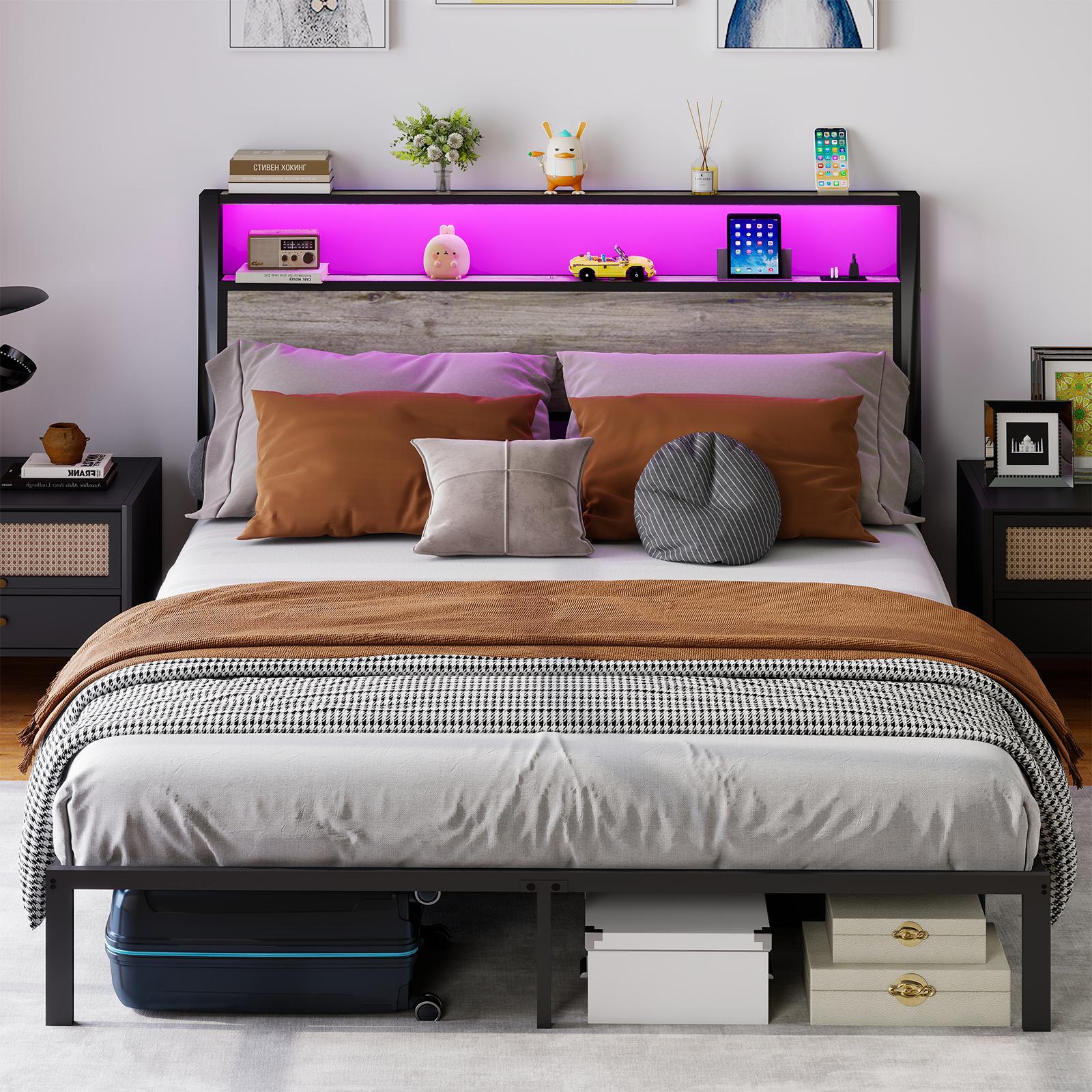 Queen Size Bed Frame with RGB LED Headboard, USB/Type-C Charging Station & Storage Shelves, Rustic Grey Metal Platform Bed, Noise-Free Easy Assembly, No Box Spring Needed (Mattress not included）